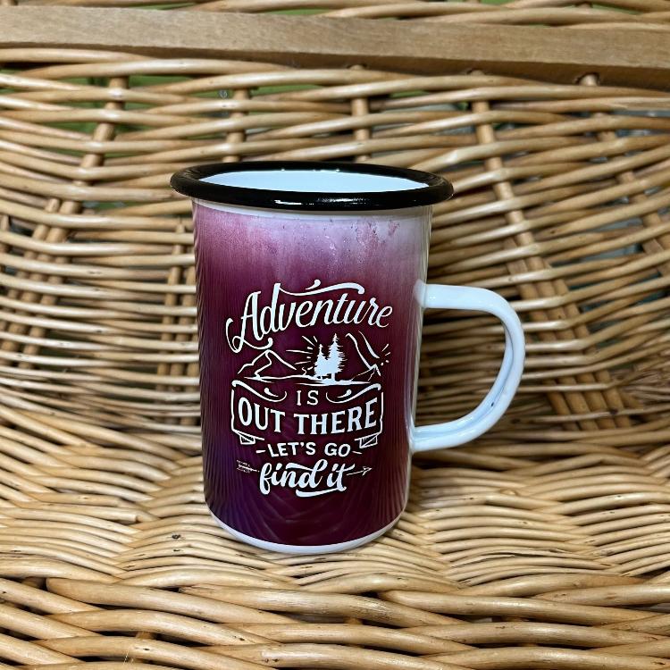 The contents of the Spring 2024 Glamping Box: Burgundy "adventure is out there - let's go find it" enamel mug.