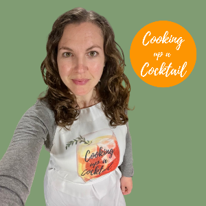 Anja wearing the 'Cooking Up a Cocktail' apron