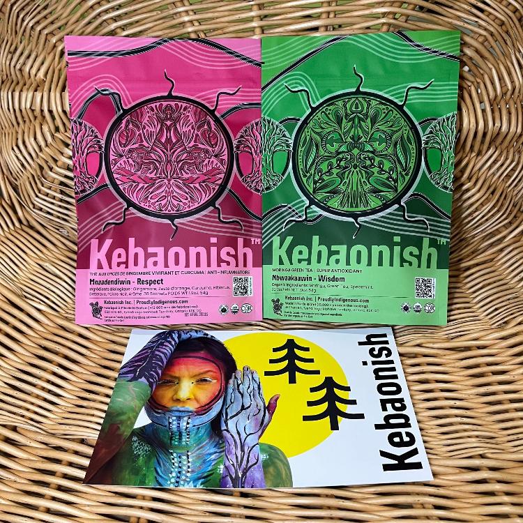 The contents of the Spring 2024 Glamping Box: Kebaonish Respect Tea and Kebaonish Wisdom Tea