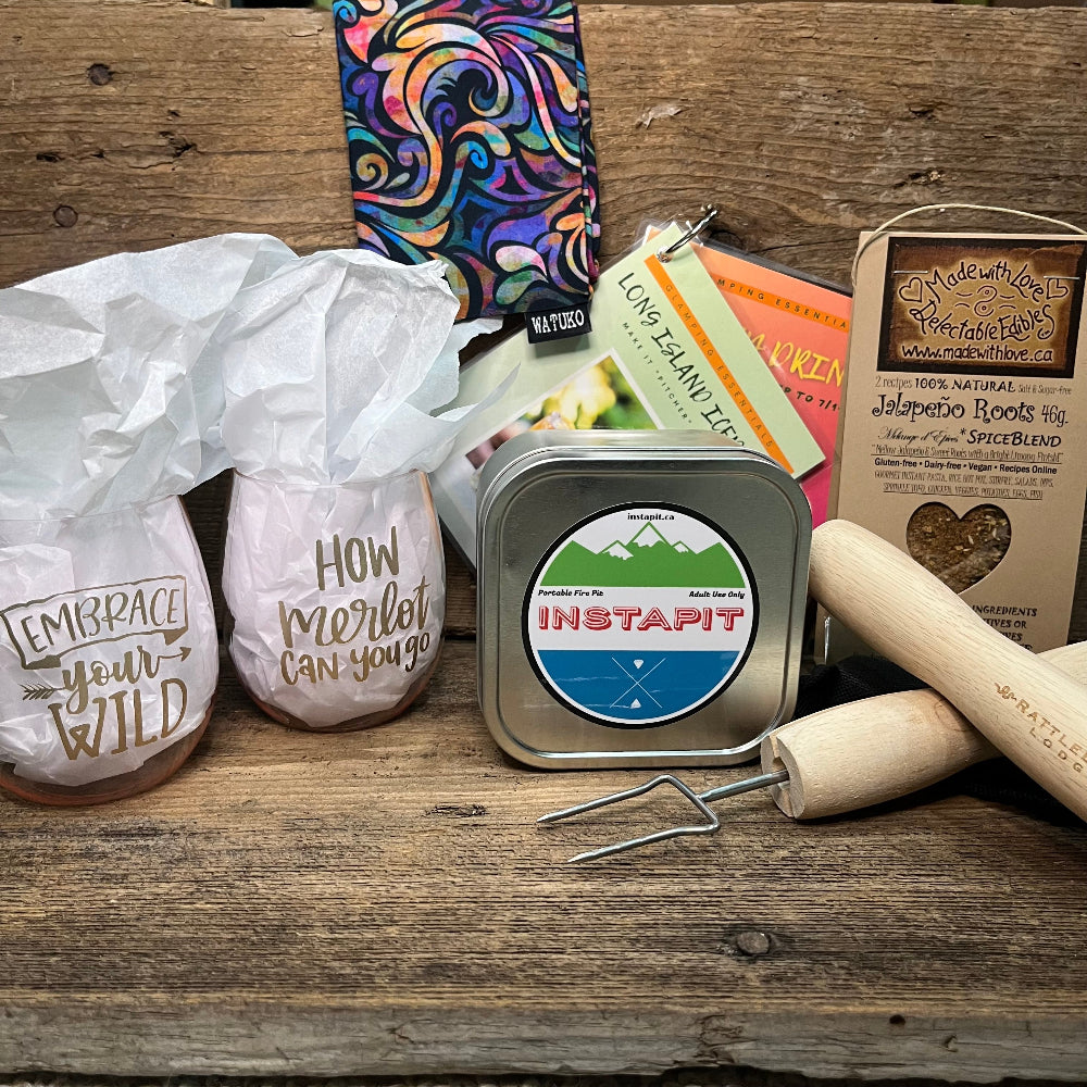 Two stemless wine tumblers, two telescoping roasting sticks, one instant campfire, spices, recipe cards and a buff from Watuko Headwraps