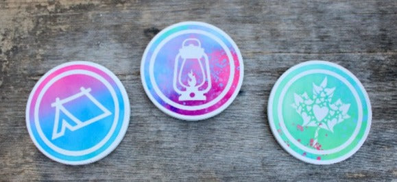 Round ceramic coasters, 100% customizable. Comes as a set of two!  Perfect for the trailer, camper, RV, cottage, tent or whatever your glamping adventures take you!    Some customers love them so much they use them at home to keep that glampy feeling year-round. Makes a great gift!