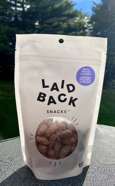 A bag of 'Laid Back Snacks' Maple Praline Almonds. The perfect snack after a day of hiking.