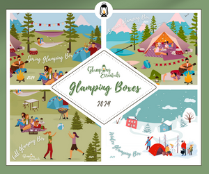 Green rectangle showing four cartoon outdoor scenes, one for each spring, summer, fall and winter. In the centre is the Glamping Essentials logo and the text reads "Glamping Boxes 2024"