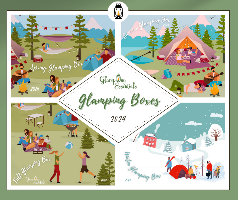 A green rectangle with four cartoon images of outdoor scenes.  One for each of spring, summer, fall and winter. In the centre is the Glamping Essentials logo and the words Glamping Boxes 2024.