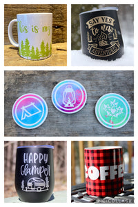 A collage of some of the Glamping Essentials products: our 'This is my Cottage" mug; our Glampy insulated wine tumbler in black with 'Say Yes to New Adventures" in gold; 3 of our custom coasters with a tent, lantern and maple leaf; a wine tumbler & mug