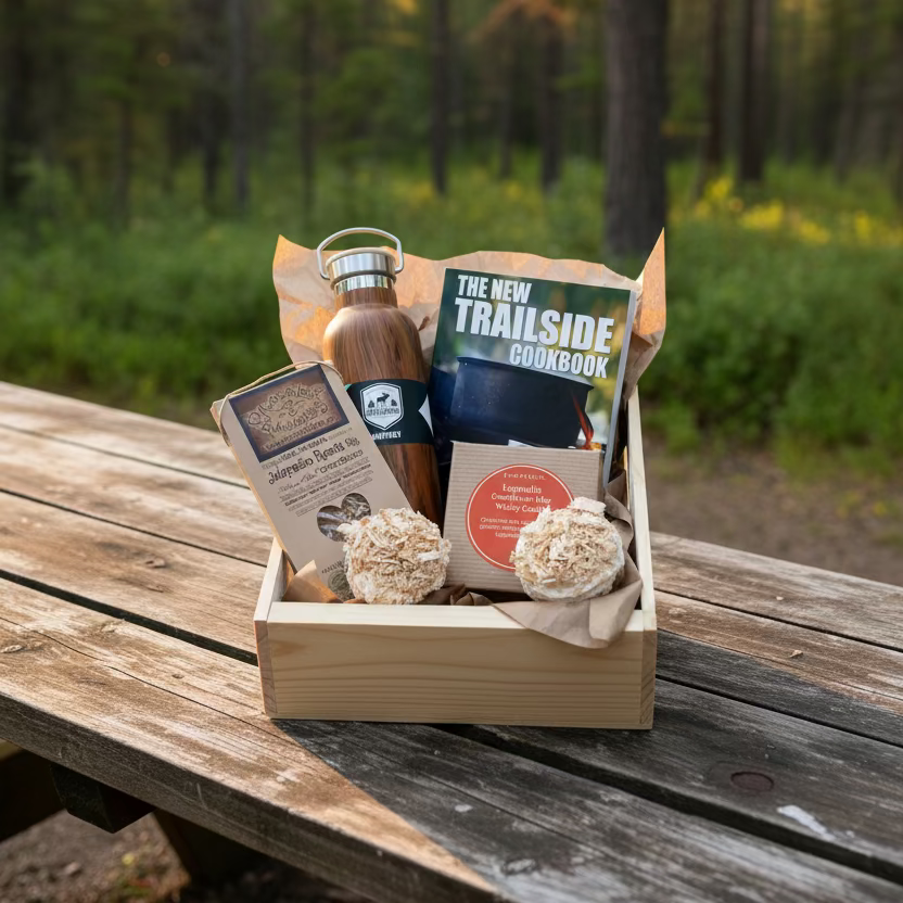 Chilly Moose water bottle, New Trailside Cookbook, cooking spices, cookies and fire starts found in the Glamping Essentials Campsite Kitchen Box gift basket
