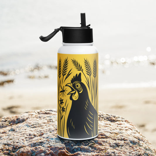Golden Wheat Rooster Stainless steel water bottle with a straw