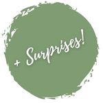 Load image into Gallery viewer, A green circle with the word &quot;Surprises!&quot; inside.  Every subscription box includes at least one surprise.
