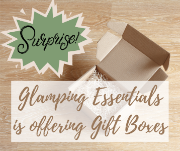 A sample picture of a Glamping Essentials Gift Box with the words "Surprise" and "Glamping Essentials if offering Gift Boxes"