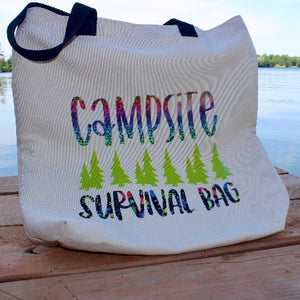 This is the Glamping Essential's canvas "Campsite Survival Bag", included in the July Glamping Box, it has the word 'Campsite' over a row of pine trees, underneath the trees it says 'Survival Bag'.  If you chose a "campsite" box in July, you would receive this bag.