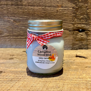 A pic of the "Campfire" scent soy wax candle in glass jar by 1000 Islands Soap Company.