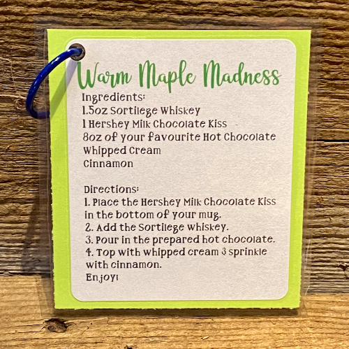An example of the recipe card that comes with each glamping box.  This recipe is for 'Warm Maple Madness".  The recipe cards are laminated for longevity because you'll want to make these drinks again and again!