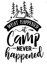 Load image into Gallery viewer, Small white square with the phrase &quot;What happened at Camp Never Happened&quot; printed in black.  There is a small tent with five thin pine trees drawn at the top of the image.  You could have this printed on our Glampy wine tumbler.
