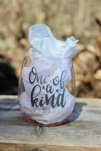 These impact resistant plastic wine tumblers are durable enough to be taken on the go, but glamorous enough to stay home (or at the cottage)!  Available in pink or clear, with the sayings "One of a Kind" or "Adventure Awaits", we say ... get both!